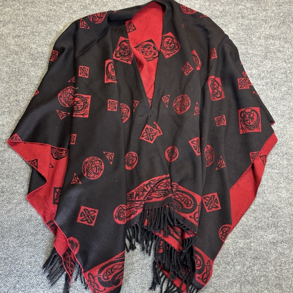 Peter James Pure Wool Celtic Poncho Black And Red‎